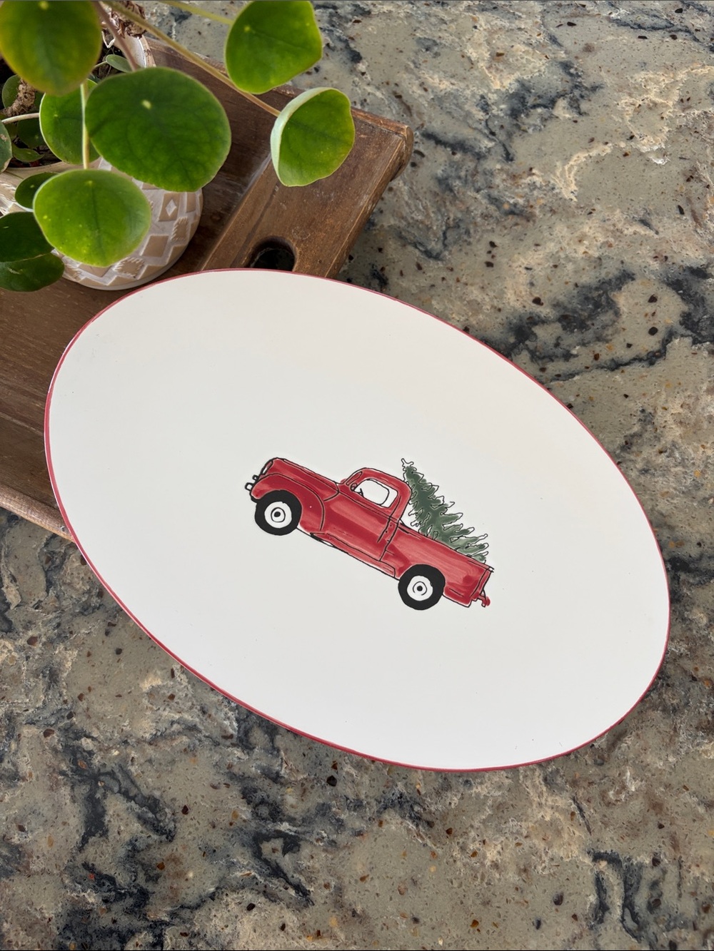 NEW Winter Wonder Holiday Red Vintage Truck Serving Tray Plate w/ Christmas Tree